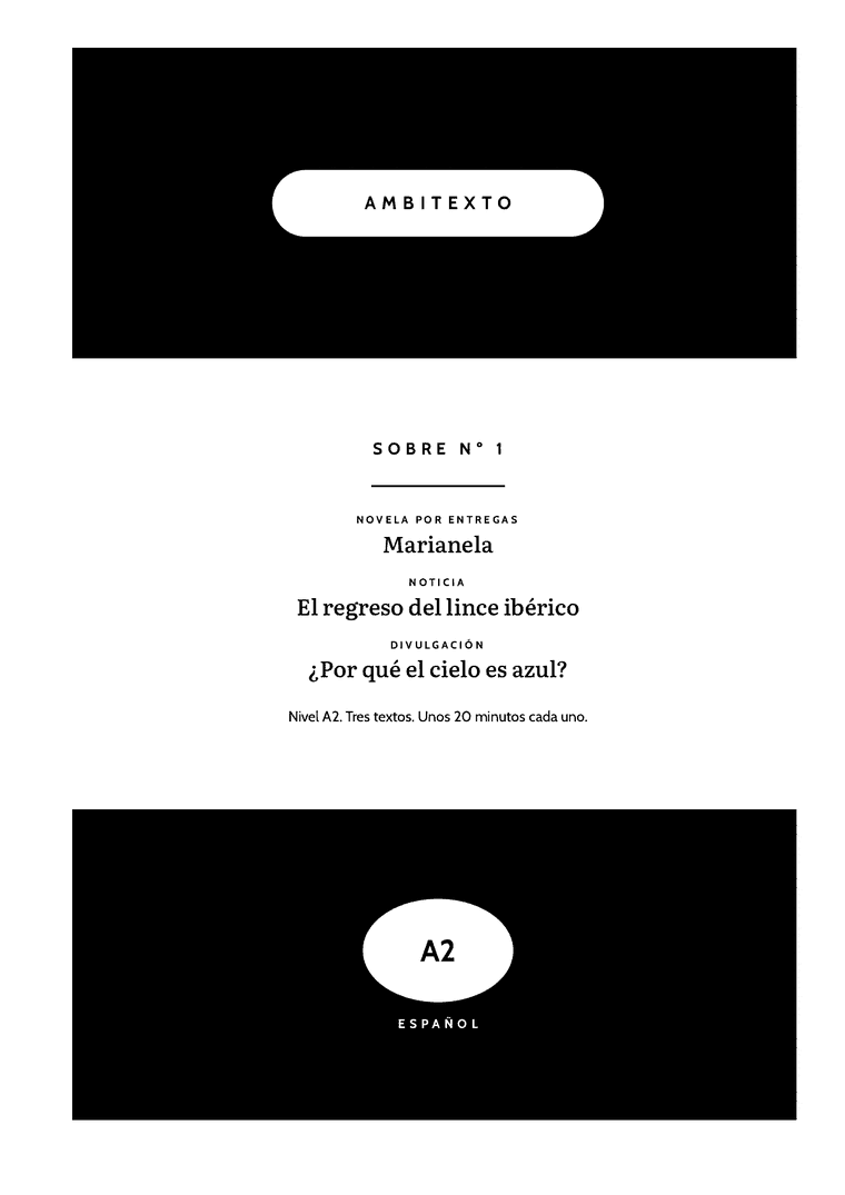 La portada del sobre número 1, nivel A2: una franja negra con la cartela de Ambitexto y los tres textos que trae. Marianela, novela por entregas. El regreso del lince ibérico, una noticia. ¿Por qué el cielo es azul?, un texto de no ficción.